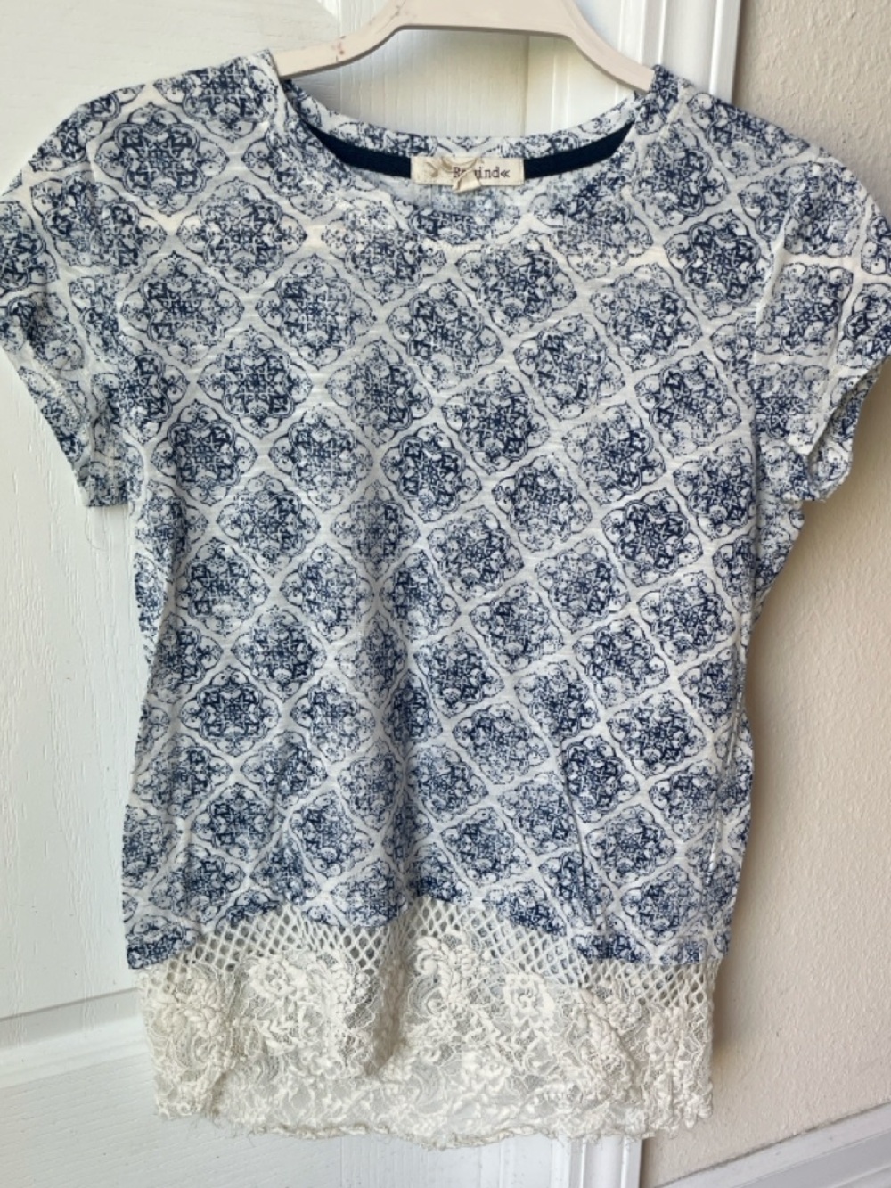 Rewind Navy Blue Printed Tee with Cream Lace Detail